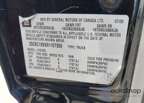 2006 Chevrolet Silverado 1500 Lt1 из США, поврежденный, VIN 2GCEC19VX61107359